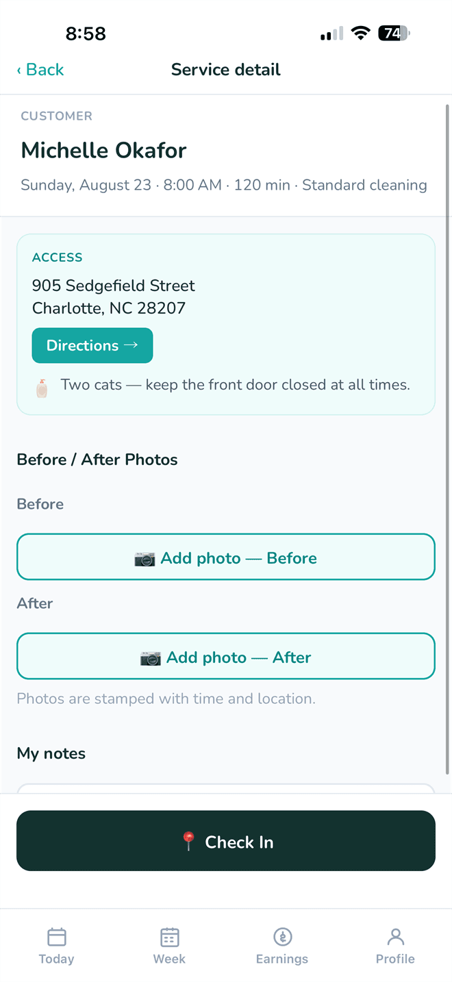 Job detail screen with address, access notes, before/after photos and a check-in button