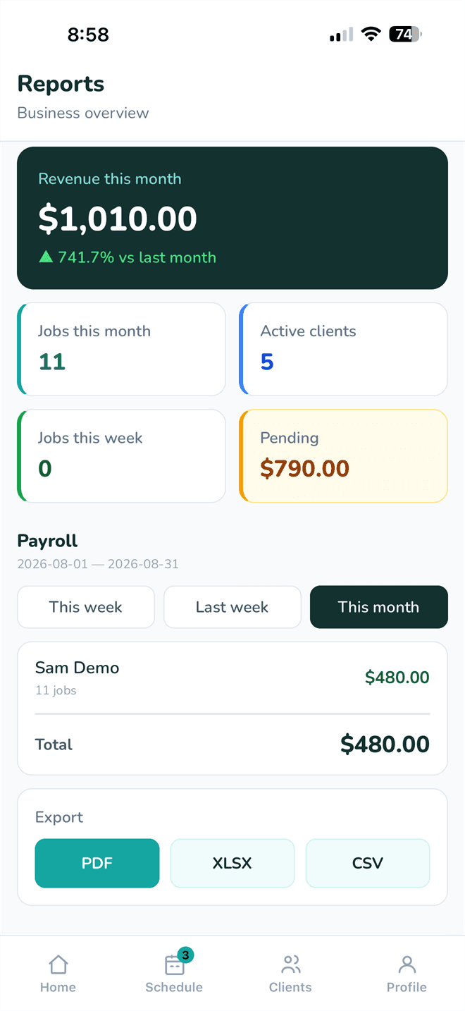 Reports screen with monthly revenue, job counts, payroll by cleaner and export buttons
